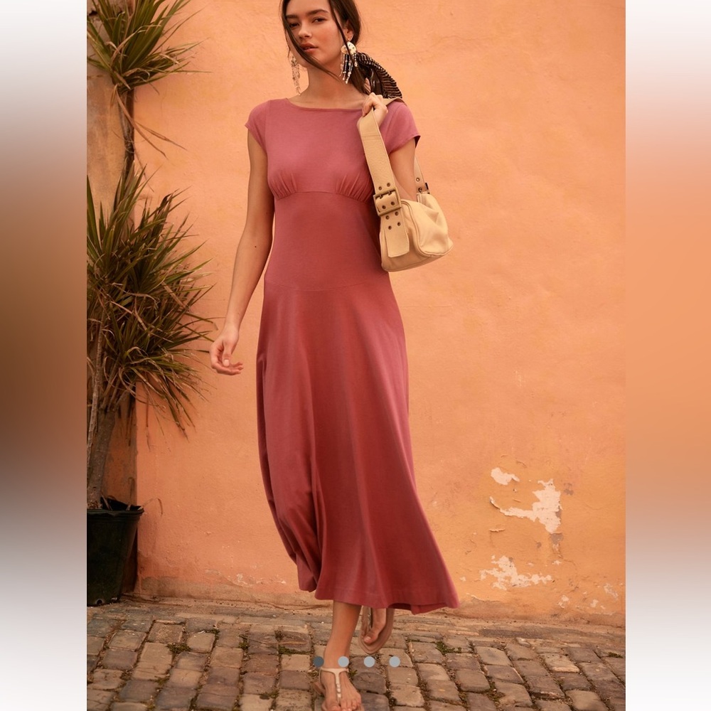 Free People Ellis Maxi Dress Mauve Pink Empire waist Shirred Bust Cap Sleeve